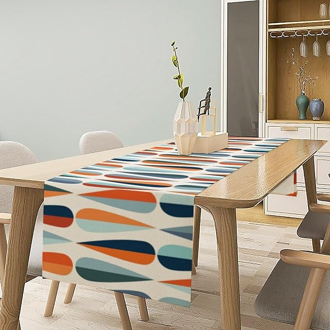 Mid Century Modern Table Runner Retro Blue Orange Grey Water Droplets Geometric Table Runner for Kitchen Dining Room Dining Table Decoration 13x70in