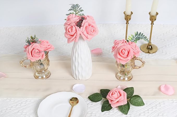 IPOPU Glitter Roses,25pcs Foam Glitter Roses Glitter Flowers Artificial Roses with Stem for DIY Wedding Bridal Bouquet Home Party Decoration(Peach)