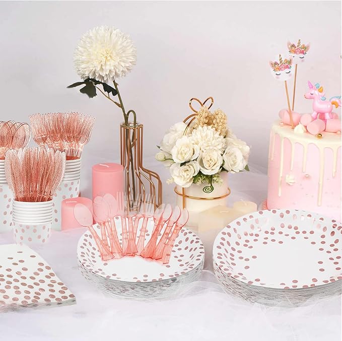 AIRE 350PCS White Rose Gold Paper Plates Party Supplies for 50 Guests Dinnerware Sets Disposable Party Decorations Paper Plates Napkins Cups Plastic Forks Knives Spoons For Birthday Wedding, Parties