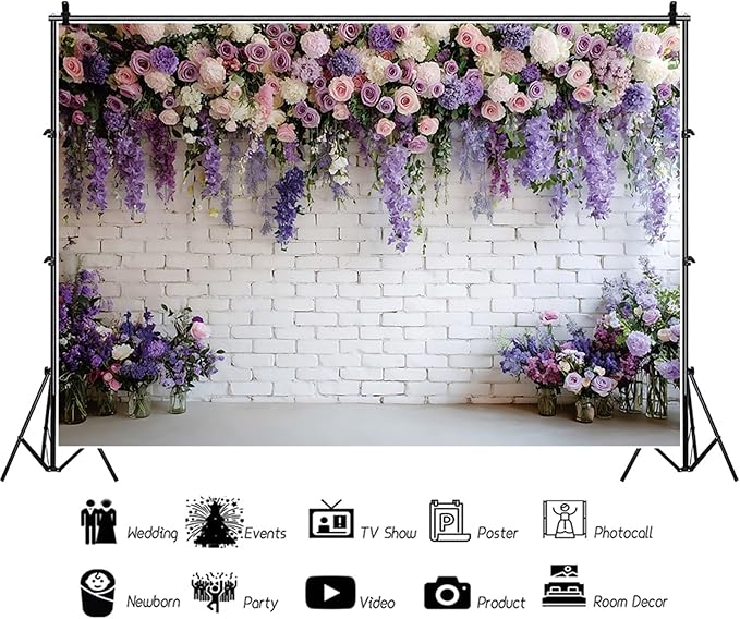 Baocicco Purple Floral Wall Backdrops 20x10ft Flowers White Brick Wall Backdrops for Photoshoot Valentine Day Decorations Anniversary Wedding Banner Supplies Birthday Baby Shower Photo Props