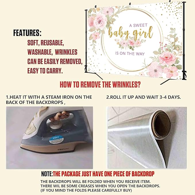 Sweet Baby Girl is On The Way Backdrop - 7x5ft Pink Floral Baby Shower Banner for Girl, Watercolor Gold Glitter Party Decorations, Gender Reveal Newborn Welcome Photo Booth Background
