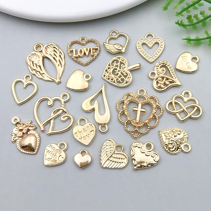 WOCRAFT 60pcs KC Gold Heart Valentine's Day Wedding Charms Bracelet Charms for Jewelry Making Sets DIY Necklace Bracelet Keychain Crafting Charms Kit Craft Supplies (SN920)