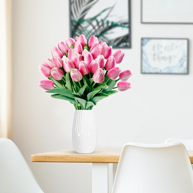 Sggvecsy 15 Pcs Fake Tulips Artificial Flowers Real Touch PU Faux Flowers Tulip Stems for Wedding Spring Bouquet Floral Arrangement Home Party Office Decorations for Mother's Day (Rose Pink)