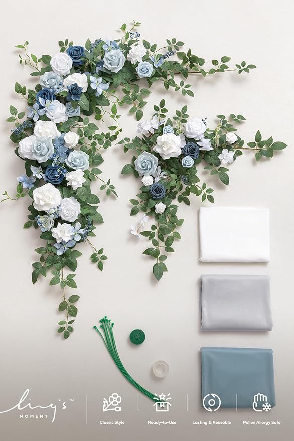 Ling's moment Artificial Wedding Arch Flowers with Drapes Kit-Pack of 5, 2pcs Flower Arrangements 3pcs Hanging Sheer Drapes Sage Ceremony Arbor Backdrop Rose Floral Decorations, Dusty Blue