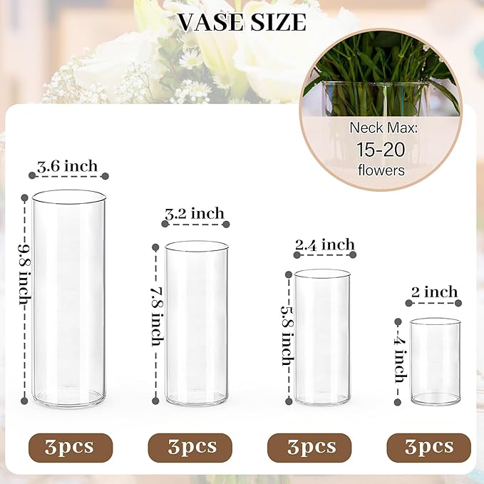 12 PCS Clear Cylinder Vases for Centerpieces | 4, 6, 8,10 Inch Tall Flower Vase for Wedding Decorations, Clear Floating Candle Vases in Bulk, Hurricane Candle Holders for Table, Home Décor