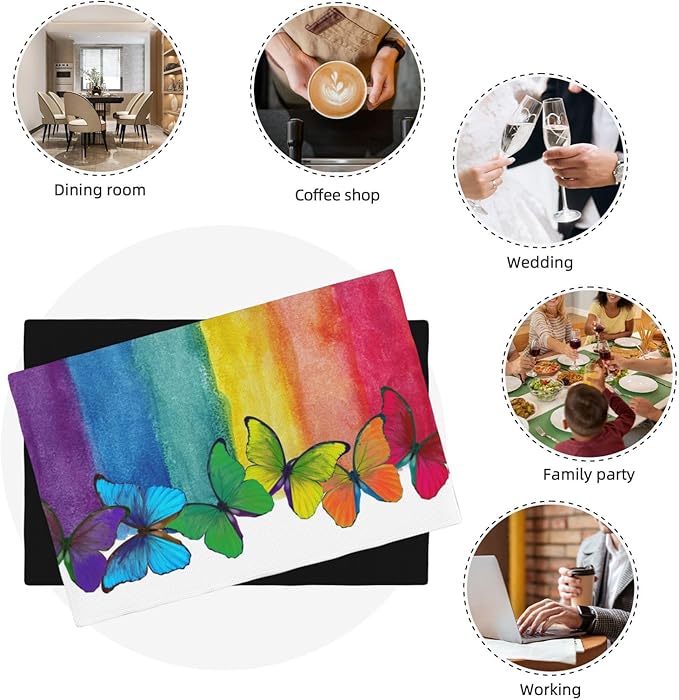 Rainbow Butterfly Placemats Set of 6,Colorful Butterfly Kids Girls Birthday Party Decor Washable for Kitchen Dining Table Heat Resistant Decorative Colth Table Mats 6 PCS, Style-2