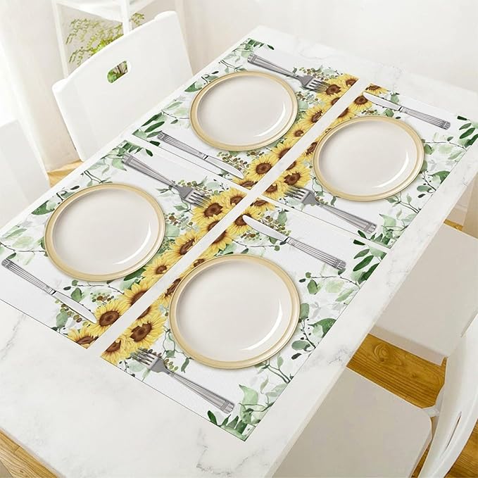 Sunflower Placemats Set of 6,Spring Summer Yellow Floral Flowers Rustic Vintage Dining Table Place Mats, Kitchen Decor Home Decoration 6 PCS, Style-13