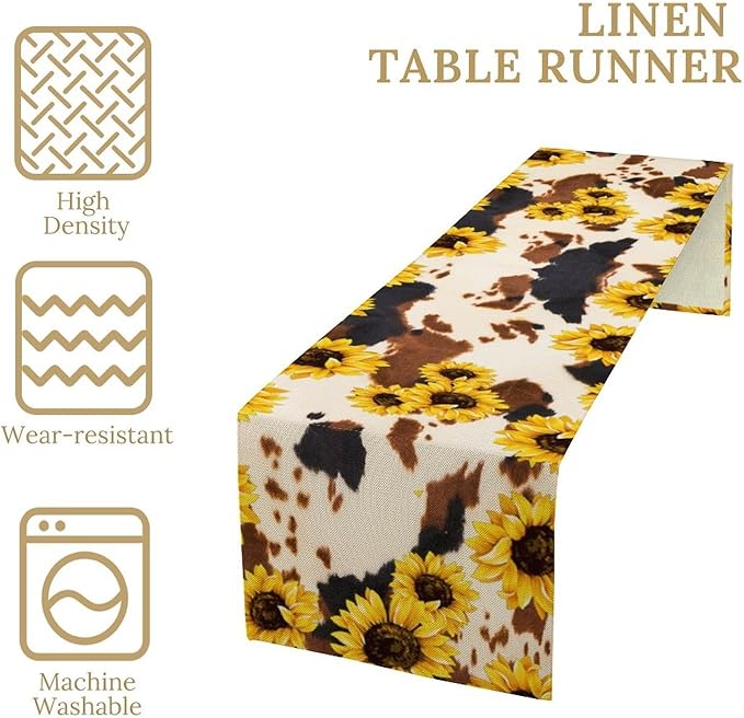 Cow Skin Print Table Runner, Vintage Sunflower Cottage Country Farm Animal Fur Skin Western Style Brown Cowhide Print Dinner Runner for Home Kitchen Dining Table 13x108in