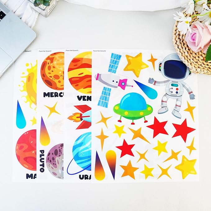 Outer Space Wall Decals 4 Sheets 58 Pcs Planets, Rocket & Astronaut Wall Stickers Removable Nursery Decor for Kids Bedroom, Playroom, Classroom Peel & Stick Space Theme Decals for Boys Girls