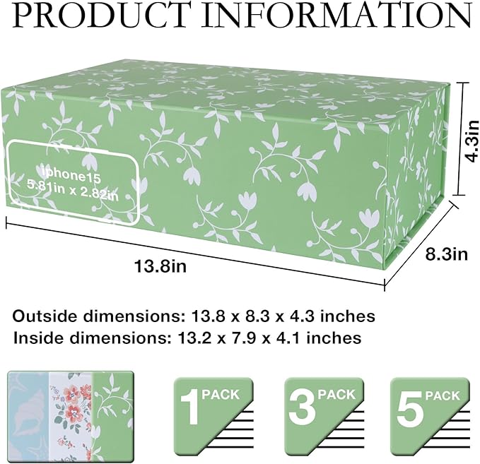 Green Leaves Gift Box with Magnetic Lids 13.8x8.3x4.4 in, Large Bridesmaid Proposal Boxes, Rectangle Wedding Decorative Storage Box 3 Pack