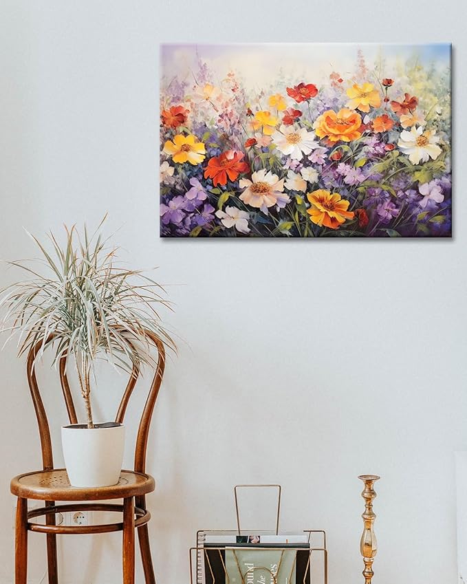 GLOKAKA Flowers Wall Art Colorful Landscape Lush Wildflowers Painting Print on Canvas Purple Yellow Floral Daisy Flower Picture for Home Bedroom Office Decor (Lush Flowers, 18"x12")