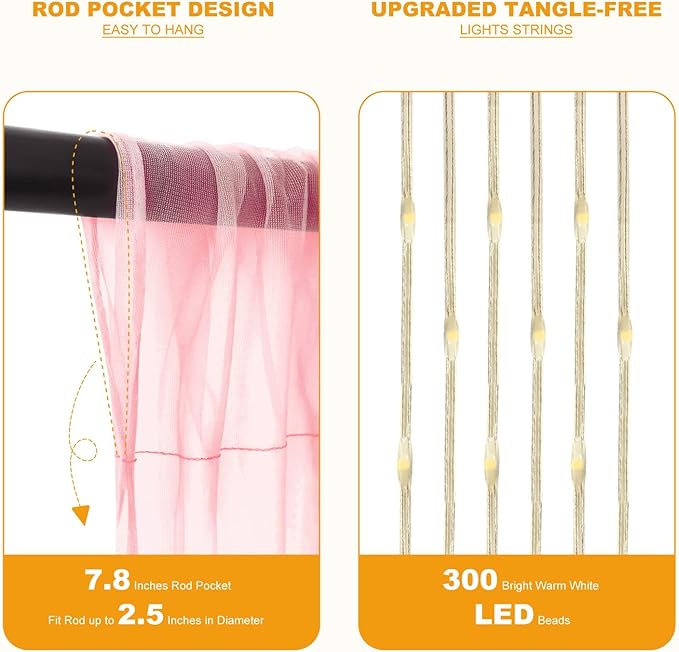 Tulle Curtain Backdrop with 300 LED Fairy Lights for Parites Wrinkle-Free Sheer Curtain Drapes Photo Back Drop for Wedding Baby Shower Bridal Shower Birthday Home Décor - 10ft×10ft, Pink Blue