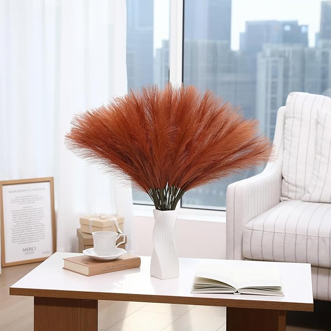 Burnt Orange Pampas Grass - 60pcs 24 Inch Artificial Pampas Grass Decor, Tall Pampas Grass for Floor Vase, Table Centerpieces, Wedding, Party and Fall Decor (Burnt Orange, 60 Pieces)