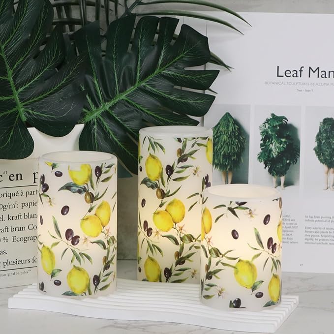DRomance Flameless Pillar Wax Candles with 6 Hour Timer Battery Operated 3 Packs Lemon Decals LED Flickering Candles Yellow Light Holiday Wedding Spring Home Decoration Candle(3 x 4, 5, 6 Inches)