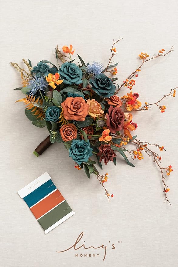 Ling's moment Teal Bridal Bouquet, Burnt Orange Wedding Bouquets for Bride, 15 Inch Silk Free Form Bridal Bouquets Artificial Wedding Flower Bouquet