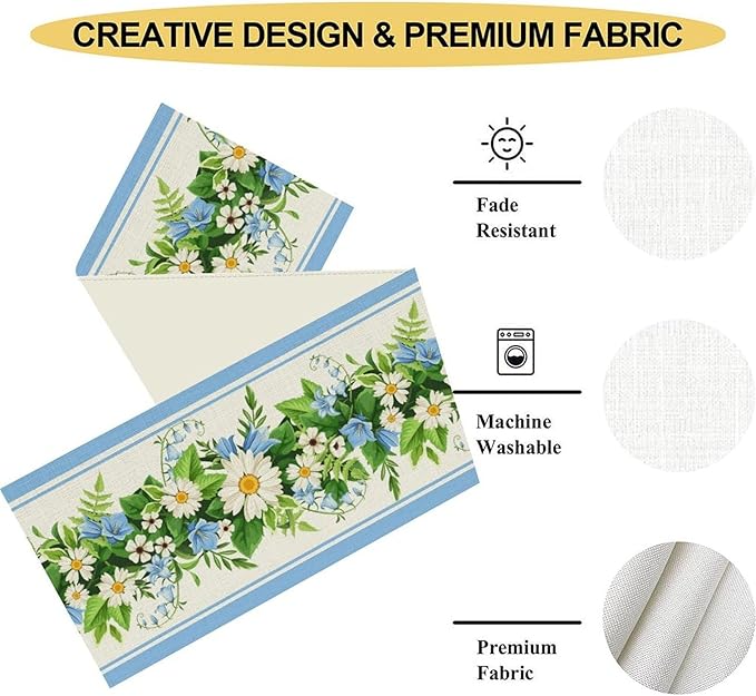Wild Flower Table Runner, Vintage Seasonal Spring Daisy Flower Rustic Blue Farmhouse Table Center Decor for Family Kitchen Farmhouse Holiday Party Table Decorations Indoor Outdoor 13x36 inch