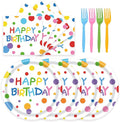72Pcs Happy Birthday Plates and Napkins, Colorful Dots Paper Plates and Napkins Forks 7inch Disposable Cake Dessert Plates Tableware Decorations for Boys Girls Birthday Party, Serve 24