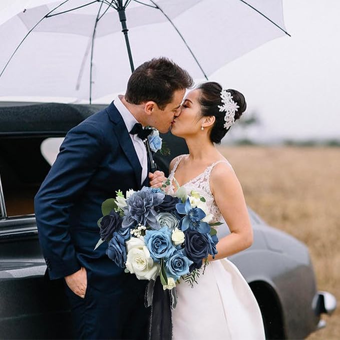 Rinlong 10.6 Inch Wedding Bouquets for Bride Navy Blue Bridal Bouquet for Wedding Artificial Flowers Silk Bouquet