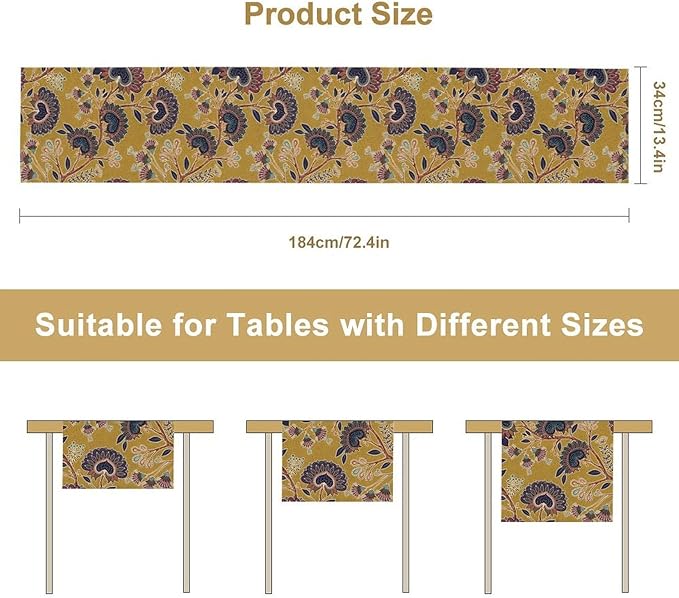 Boho Floral Table Runner, Mustard Yellow Paisley Floral Vintage Farmhouse Table Runner for Kitchen Dining Holiday Party Decor, 13x70 Inch
