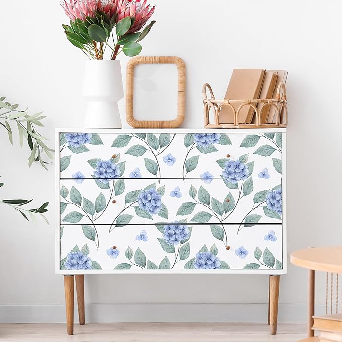 Blue Floral Peel and Stick Wallpaper Boho Hydrangea Floral Contact Paper for Cabinets Drawers 17.7"x160" Prepasted Watercolor Flower Wall Paper Blue and White Botanical Wallpaper for Bedroom