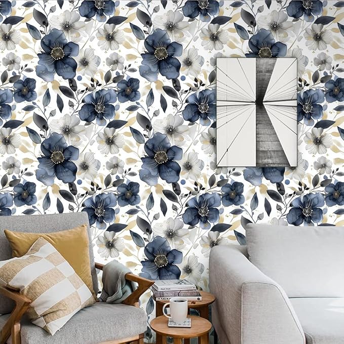 Floral Peel and Stick Wallpaper - Vintage Dark Blue/Gray Flower Removable Boho Wallpaper for Bedroom Bathroom - Renter Friendly Contact Paper - 17.71'x118.1'