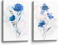 Bedroom Flower Canvas Wall Art: 2 Pieces Navy Blue Floral Prints Artwork Vintage Wildflower Bouquet Botanical Abstract Picture Painting for Living Room Bathroom Home Office