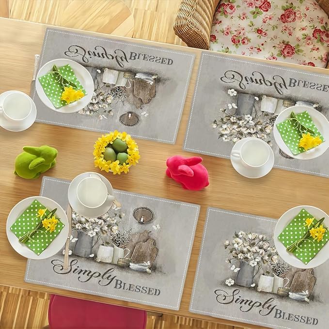 Simply Blessed Placemats Set of 4, Double-Sided Table Mats for Dining Room Home Party Indoor Decor 4 PCS 12x18 Inch