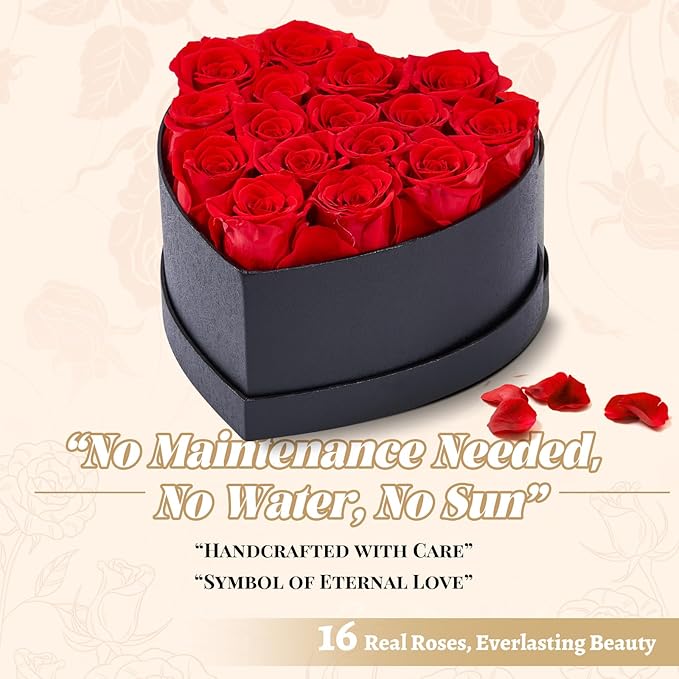 16 Preserved Roses in Heart-Shaped Box - Eternal Love Gift, Long-Lasting Roses for Her - Forever Flowers - Ideal for Valentine's Day, Anniversaries, Mother's Day - Elegant Display Box
