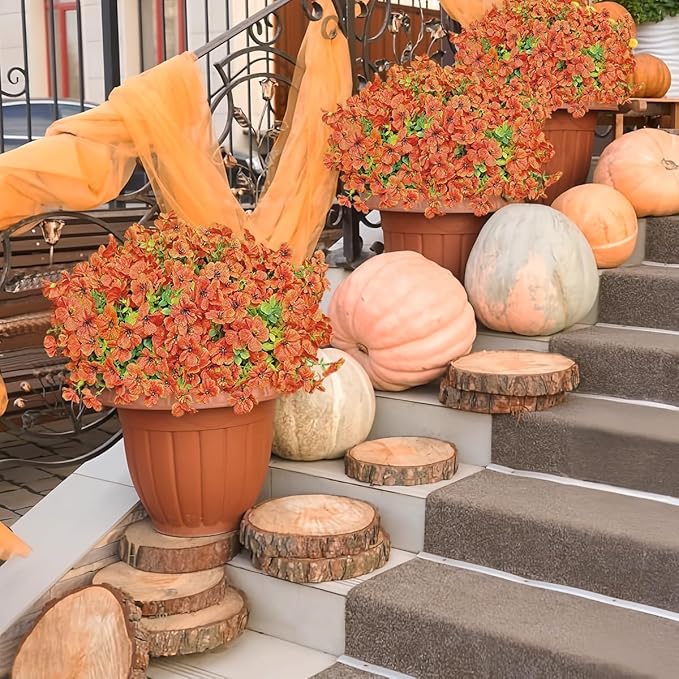 20 Bundles Fall Thanksgiving Artificial Mums Flowers for Outdoors, No Fade Fake UV Resistant Green Leaf Faux Flowers for Outdoor Planters, Autumn Garden Patio Front Porch Decor(Orange Green)