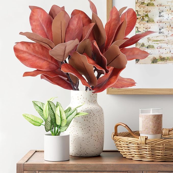 4 Artificial Magnolia Leaf Stems, Real Touch Fake Green Branches for Flower Arrangement, Centerpiece for Indoor and Outdoor Home Dining Tables, Wedding and Party Decorations(Red)