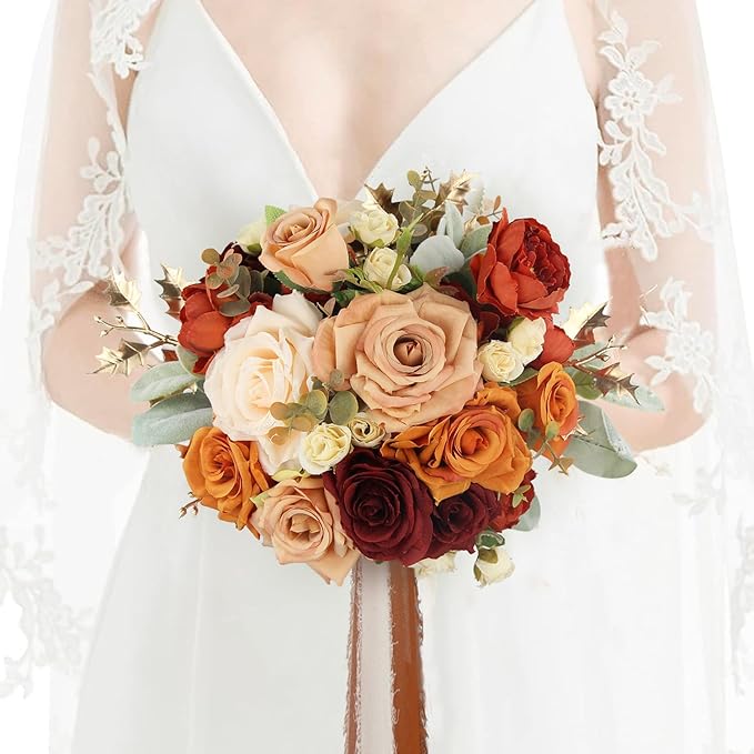 Rinlong 9" Wide Burnt Orange Wedding Bouquet for Bride Rustic Terracotta Artificial Flowers Bridal Bridesmaid Bouquet Prom