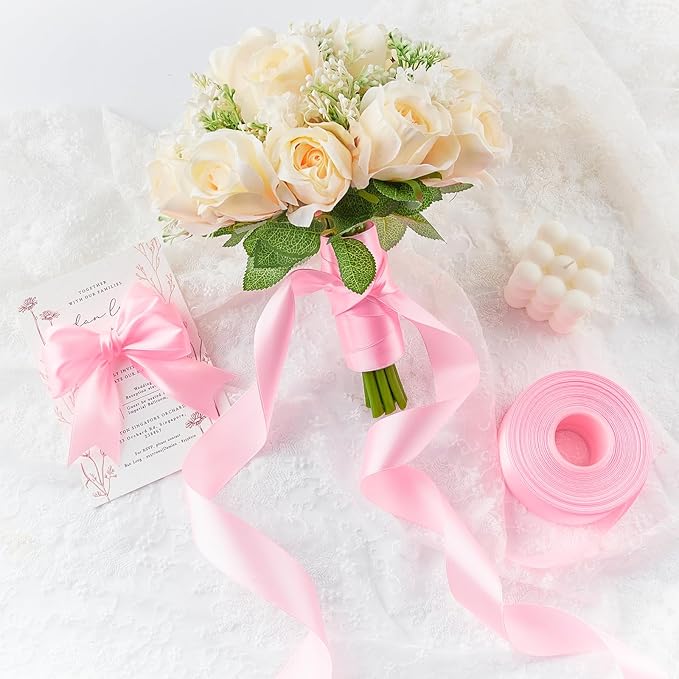 1-1/2 Inches 50 Yards Pink Satin Ribbon, Solid Fabric Ribbon Roll for Flower Bouquets, Gift Wrapping, Wedding, Handmade Crafts