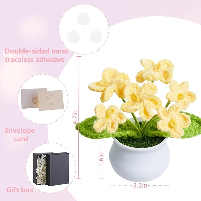 Knitting Crochet Flowers Cute Handmade Yellow Flower Plants Gifts for Women Teacher's Day Birthday Anniversary Valentines Christmas Decor for Car Dashboard Home Office Desk Accessories Things