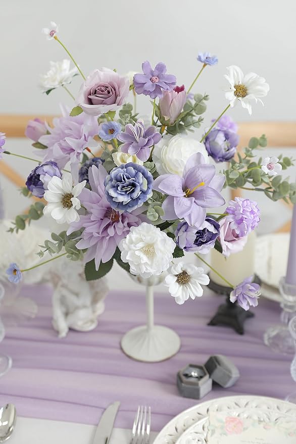 Artificial Flowers Heads Combo Purple Flowers Mix Silk Flowers Dahlia Roses for Graduation Cap DIY Cake Wedding Party Floral Arrangement Table Centerpieces Home Decorations