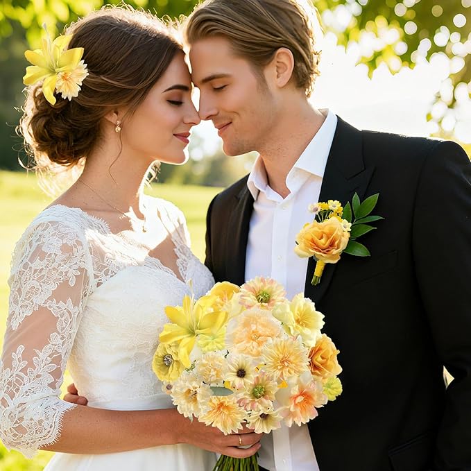 Artificial Flower Heads Combo - 48pcs Yellow Silk Flowers Bulk Faux Rose for Wedding Decor, Bridal Bouquets, Graduation Parties, Cake Toppers & Home DIY Crafts