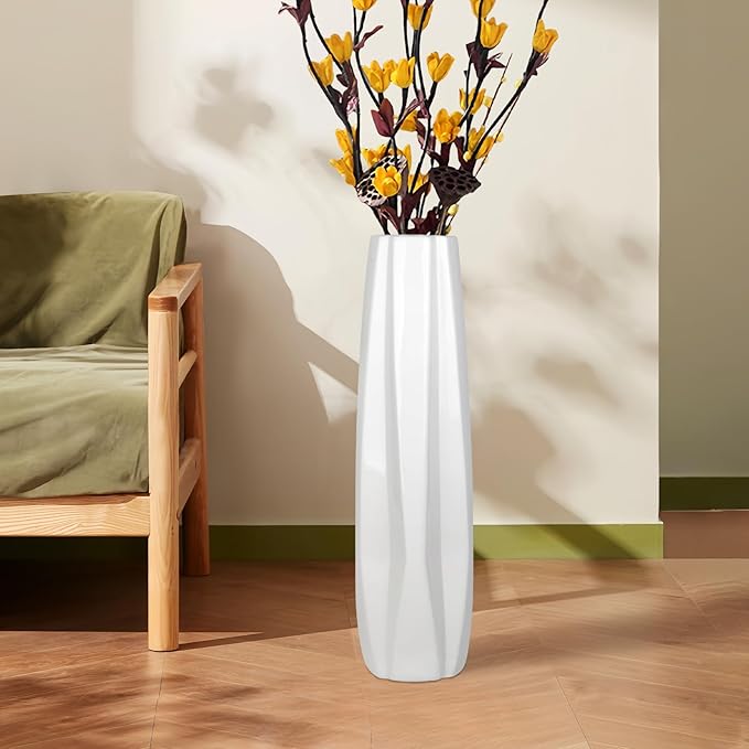 Ceramic Large Floor Tall Vase 28 Inches,White Modern Flower Tall Vases for Office, Home,Farmhouse,Living Room Décor,Simple Origami Design Fall Decorative Porcelain Flower Arrangement Vase Ideal Gift
