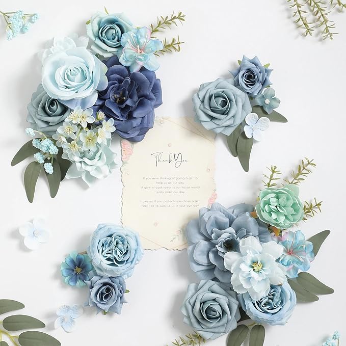 Artificial Flowers Combo Box Blue Flowers Silk Fake Roses with Stems for DIY Wedding Bridal Bouquets,Table Centerpieces,Cake Floral Arrangement,Baby Shower,Birthday Party Home Decorations