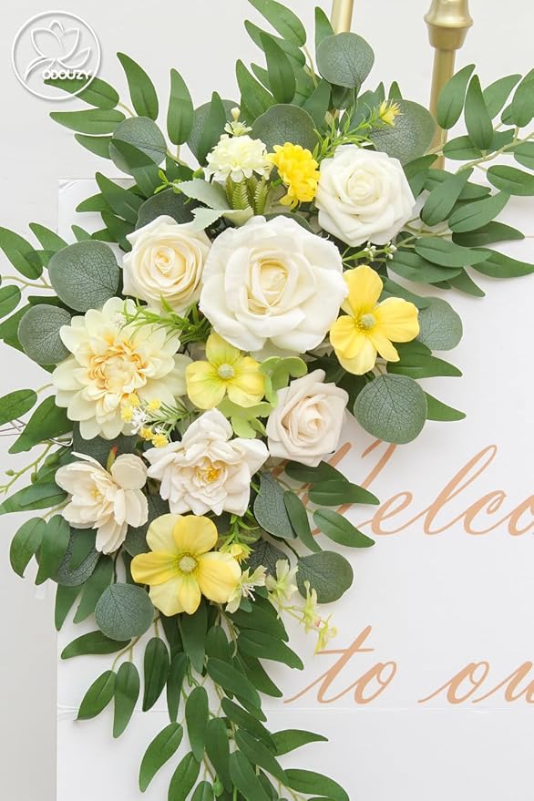 Pack of 2 Wedding Arch Decorations Artificial Hanging Flowers Floral Swag for Wedding Welcome Sign Backdrop Balloon Arch Home Party Bridal Ceremony Reusable(Yellow)