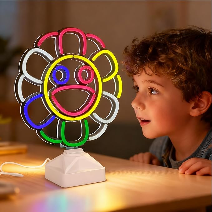 Sunflower Neon Lights with Holder Base, Colorful Smile Flower Lamp, Cute Night Light, Table Lamps for Home/Coffee Bar/Birthday/Party/Office/Wedding Decor/Kid's Gifts