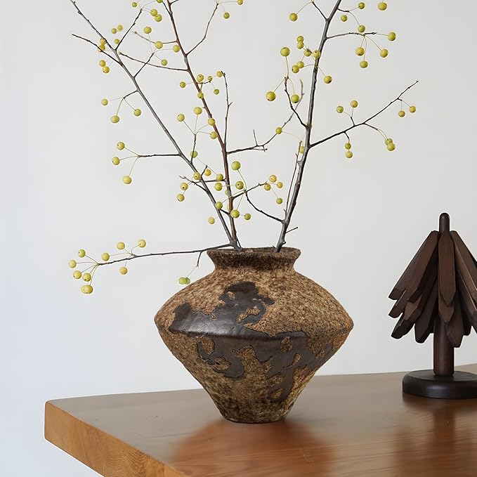 GeLive Brown Ceramic Rustic Vase Jingdezhen Handmade Vintage Pottery Flower Jar for Fresh and Dried Plants Table Centerpiece Wabi Sabi Vase Home Farmhouse Decor