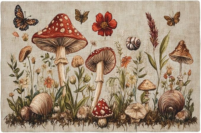 Rustic Mushroom Placemats Set of 6 Washable Table Mats Vintage Botanical Leaf Heat-Resistant Cotton Linen Place Mats for Dining Table Kitchen Indoor Outdoor Party Holiday Decor
