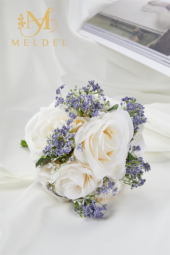 Meldel 6.5 Inch Ivory Bridesmaid Bouquets, Set of 2, Small Rose Artificial Wedding Bouquet Centerpiece Decorations for Wedding