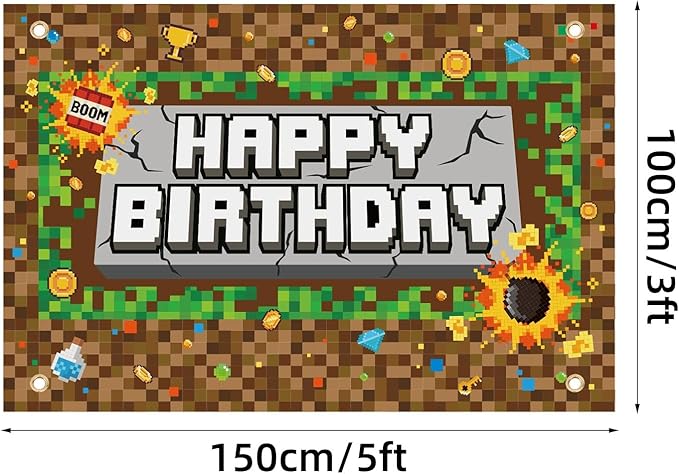 Pixel Birthday Backdrop Banner, 5x3ft/150x100cm Video Game Theme Happy Birthday Backdrop Decoration for Pixel Theme Kids Game Party Decoration Supplies