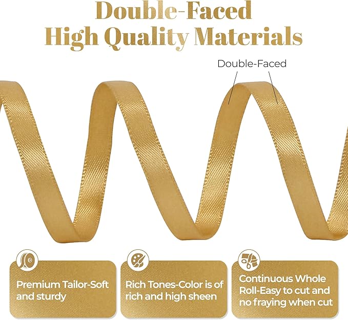 Light Gold Satin Ribbon, Double Faced 1/4 Inch X 50 Yards Light Gold Ribbon, Premium Satin Ribbon for Gift Wrapping, Crafts, Hair Bow Making, Sewing, Flower Bouquet, Wedding Party Decor