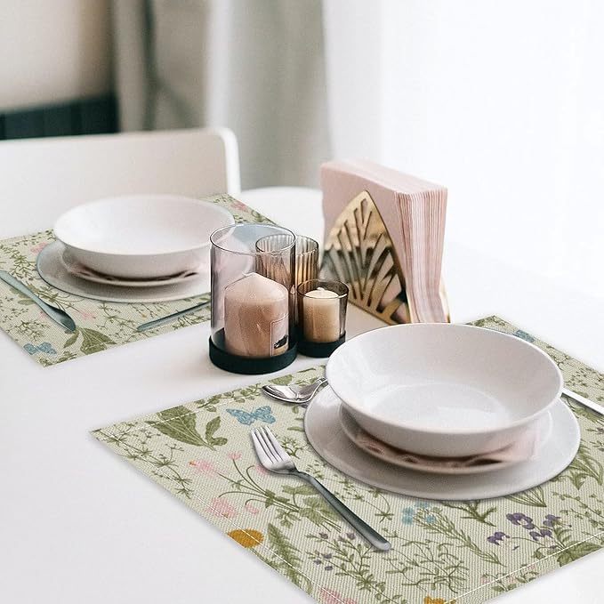 Botanical Placemats Set of 6, 17x12 Inch Butterfly Green Leaf Colorful Wildflower Vintage Rustic Style Table Mats for Home Party Kitchen Dining Decor