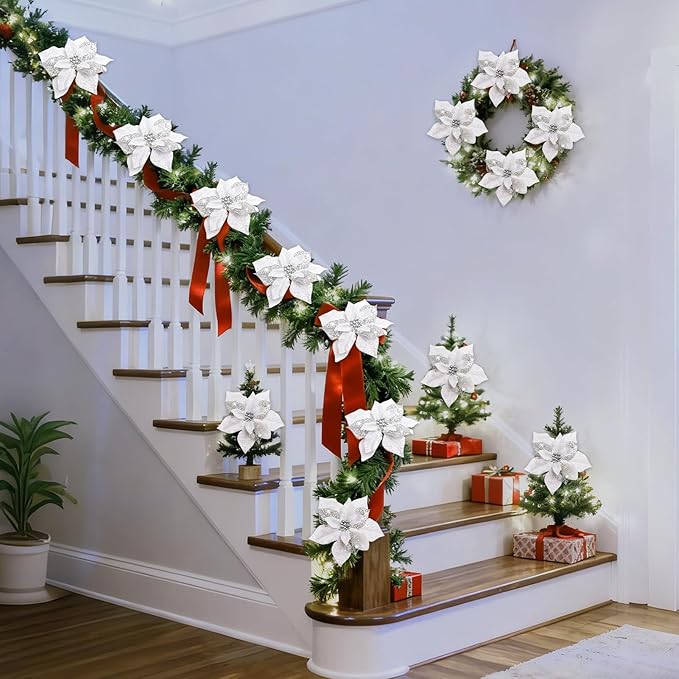 24 Pcs Christmas Poinsettia Flowers Artificial with Clips, 5.9" Christmas Decor Glitter Poinsettia Flowers for Christmas Tree New Year Wedding Party Wreath DIY Garland Decor (Sliver)