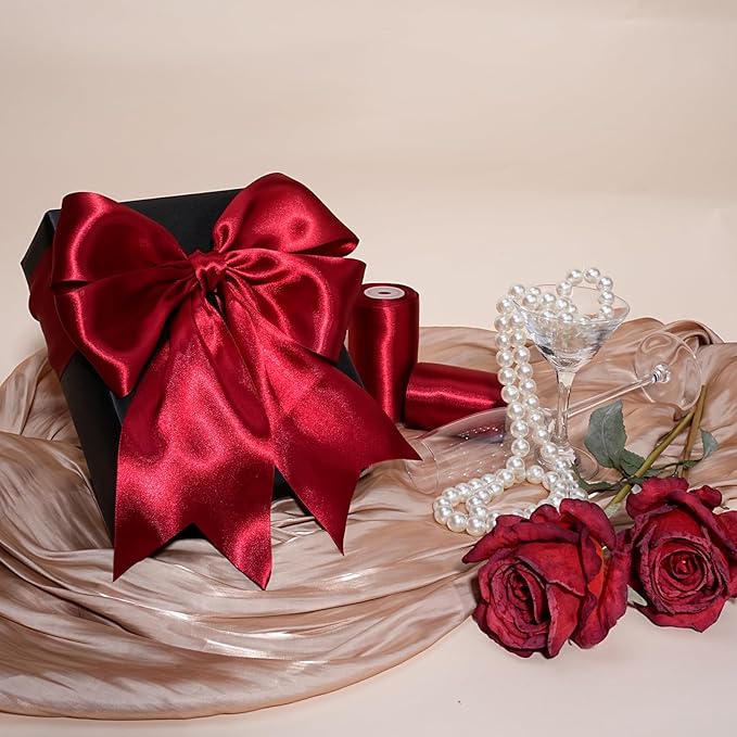 LaRibbons Red Satin Ribbon 3 Inch 10 Yards Christmas Ribbons Double Faced Luxury Burgundy Silk Ribbon for Gift Wrapping Flower Bouquets Bow Christmas Wedding Party Decoration