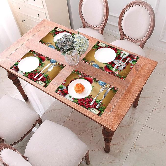PVC Placemats Set of 6 Wipeable Table Mats Washable Heat Resistant Non Slip Vinyl Dining Table Mat for Kitchen Indoor Outdoor Patio Farmhouse Place Mats Christmas Ball Poinsettia Snowman Decorative