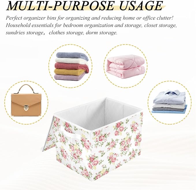 Flower Baskets Collapsible Storage Bins with Lids, Pink Rose Flower Floral Storage Boxes Clothes Baskets for Organizing
