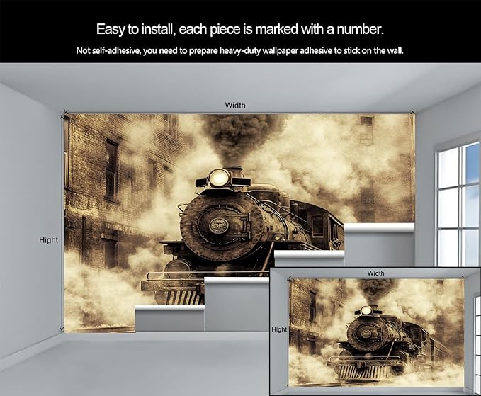Vintage Steam Train Wall Mural, Industrial Train Engine 3D Wall Murals, Retro Railway Steam Engine Wallpaper Mural, for Living Room Bedroom Large Wallpaper Indoor Decor 197" W x124.8 H
